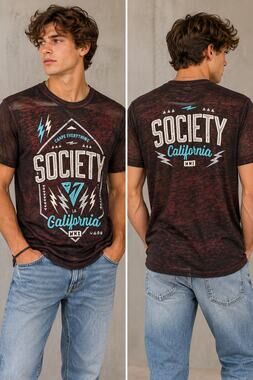 Society California Graphic Tee Burnout Black Burgundy Blue Lightning Size M